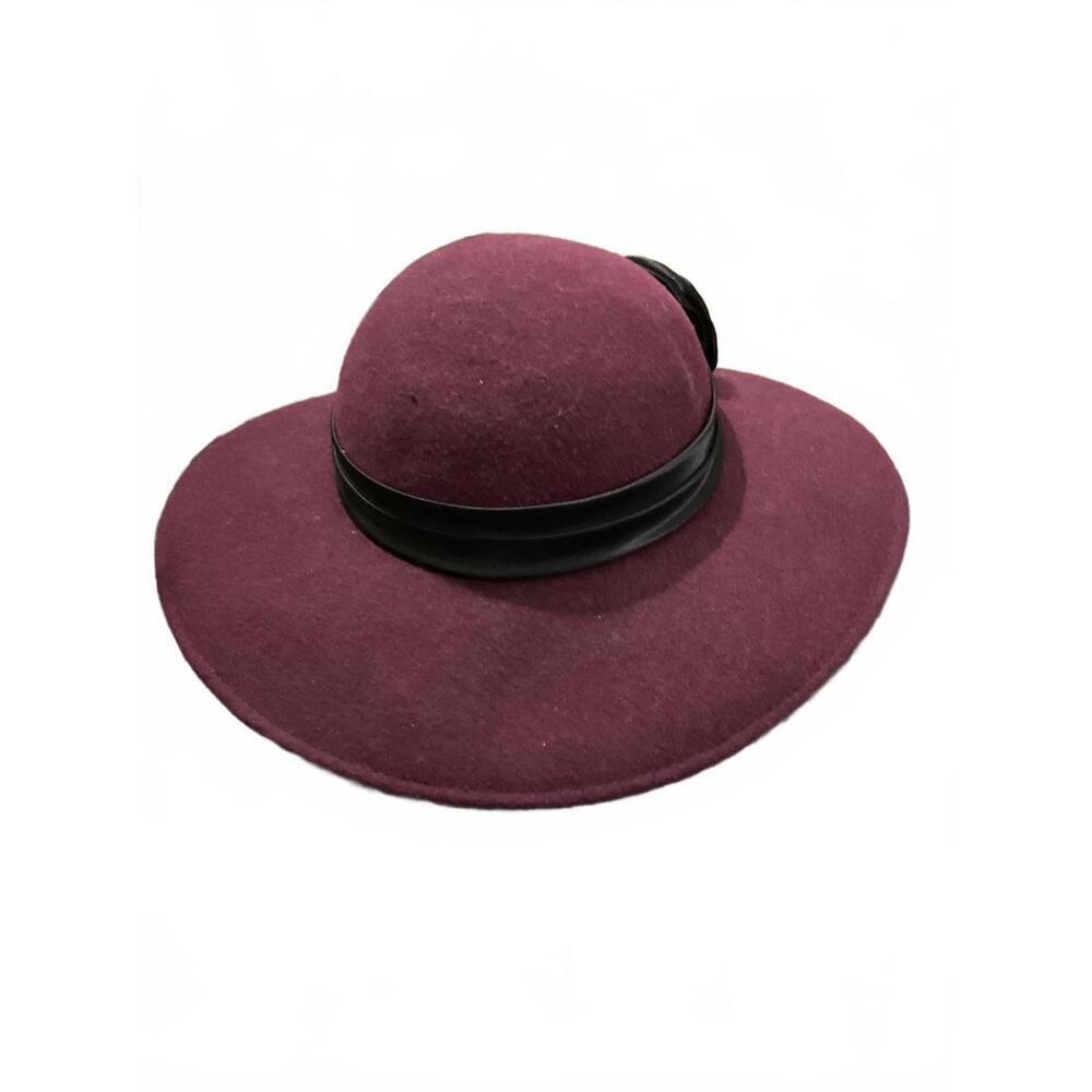 Jacqueline Ferrar Burgundy Wool Felt Hat with Black Floral Band/Flower